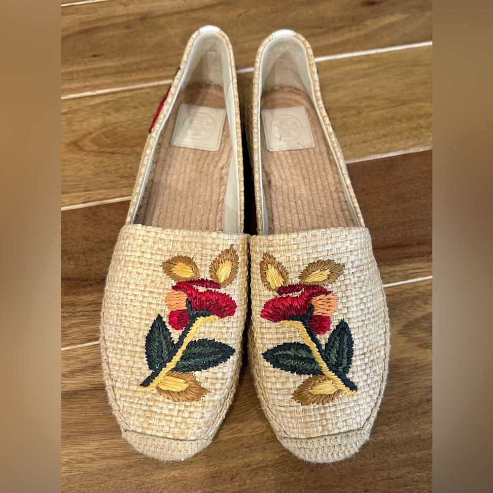 Tory Burch Natural Raffia Espadrille Flats with Red & Green Floral Embroidery